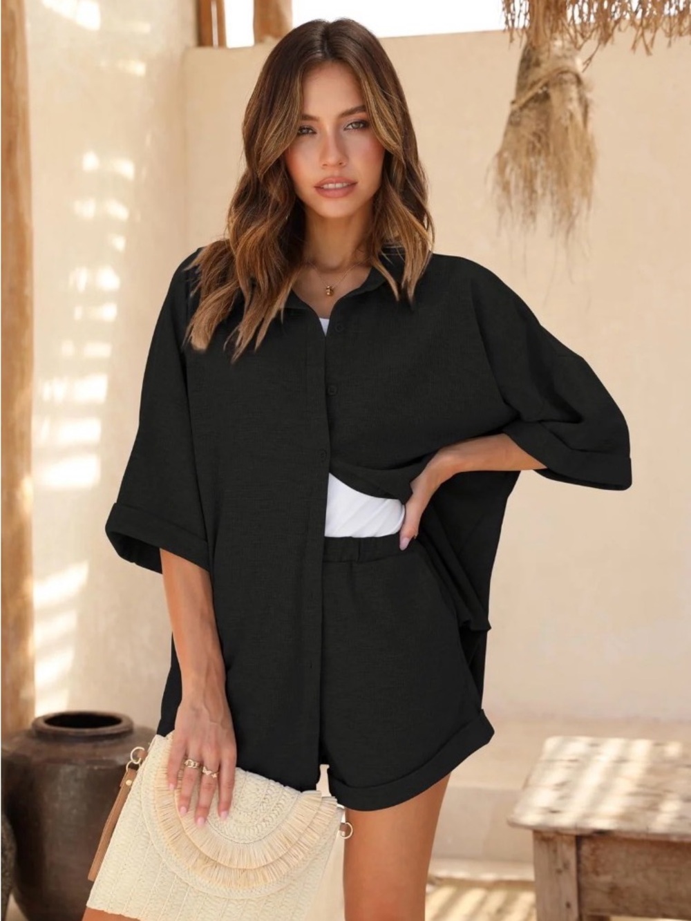 Ekouaer Waffle Knit Lounge Top for Women Short Sleeve Button Down Size M